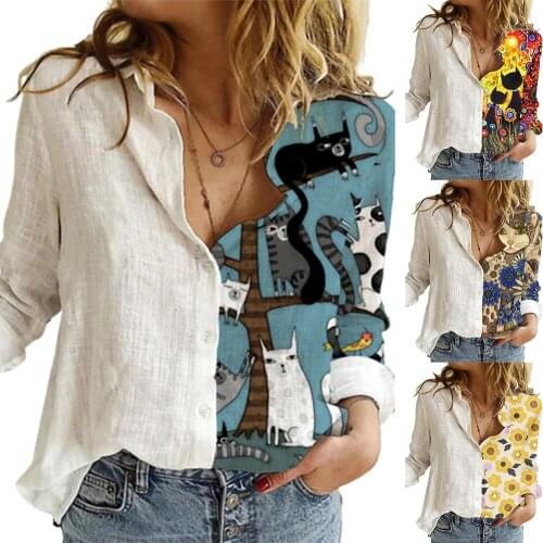 Women Tops And Bloues Fashion Buttons Long Sleeve Sunflower Cats Patchwork Blouses Office Shirt