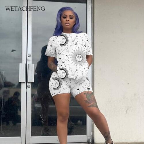Constellation Gothic Print Two Piece Sets Women Summer Tops Biker Shorts Tracksuit Fitness Lounge Wear Outfits 2 Piece Clothes