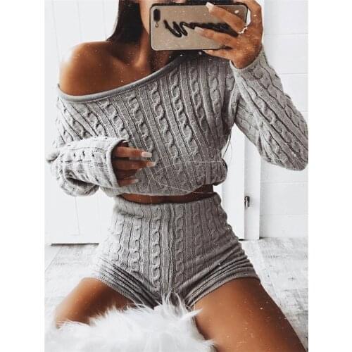 Knitted Sweater Two Piece Set Women Knit Top Shorts Suit Elegant Ladies loose Tracksuit Casual Plain Streetwear 2 Piece set