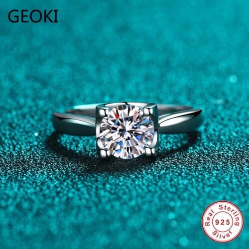 Geoki Passed Diamond Test 0.5-1ct Perfect Cut D Color Moissanite Ring 925 Sterling Silver Classic Engagement Rings Women Jewelry