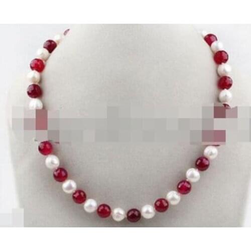 7-8mm wihte Freshwater Cultured Pearl and red jade Necklace 18"