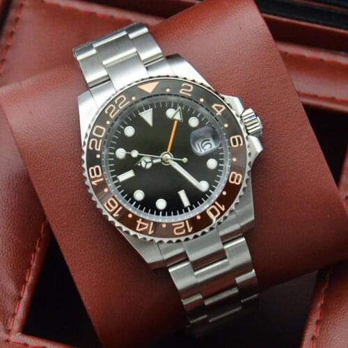 40mm Black Dial Stainless Steel Case Mechanical Mens Watch GMT Watch Automatic Winding Clock Oyster Strap