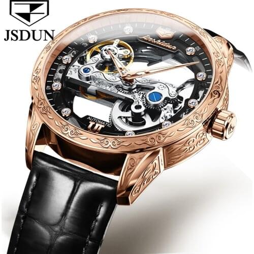 JSDUN Mens mechanical Automatic Skeleton watch for men Movement Sapphire Leather mens watches top brand luxury WristWatch man