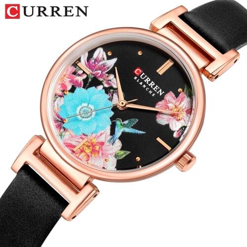 CURREN Ladies Watch with Unique Flower Dial Casual Leather Wrist Watch for Women Quartz Clock Female Gift Relogios Feminino