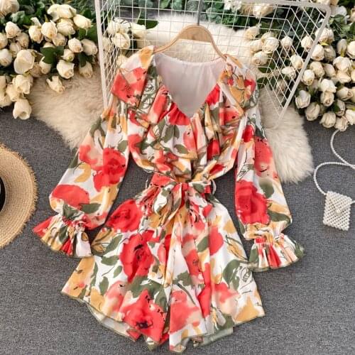 Womens spring summer long puff sleeve V neck flower print jumpsuit female sexy wide leg shorts overall Playsuit TB1519