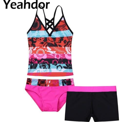 3PCS Kids Girls Tankini Set Floral Printed Swimsuits Swimwear Bathing Suit Tops with Bottoms Shorts Children Swimming Outfit