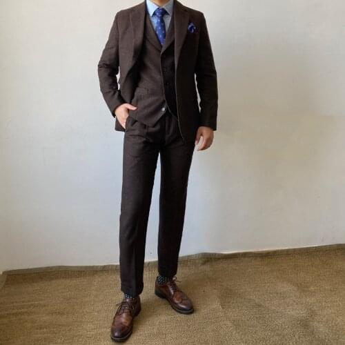 RICODESIGN mens slim fit formal business suit set 3 pieces brown tweed jacket pants vest fashion winter tailored suit