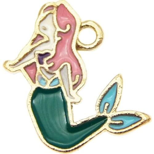 Julie Wang 5PCS Enamel Small Mermaid Charms Alloy Gold Tone Cartoon Mermaid Pendant Bracelet Jewelry Making Accessory