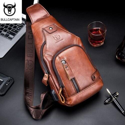 BULLCAPTAIN mens USB chest bag Messenger bag for Men Messenger bag leather shoulder bag diagonal package new travel backp