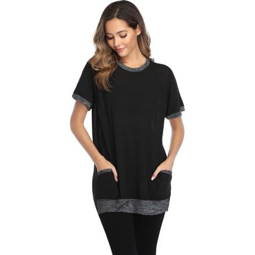 Solid Pockets Spliced Blouse Women Loose Tee Shirt Tops Summer Casual O Neck Short Sleeve Tunic Fashion Woman Blouses 2020