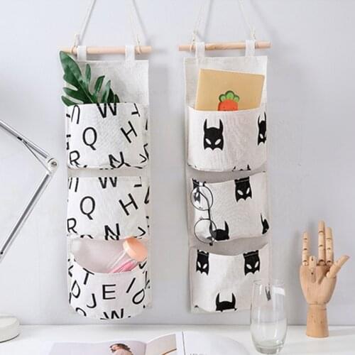 3-pocket Cotton and Linen Storage Hanging Bag Household Dormitory Daily Sundries Storage Waterproof Bag Simple Wall Hanging Bag