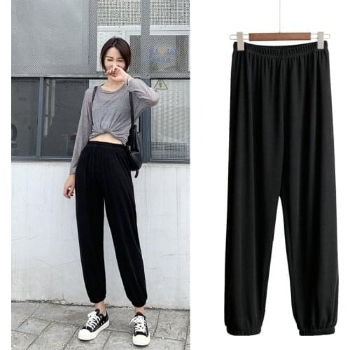 Casual Ice Silk Ankle-Length Pants Women 2021 Spring Summer Elastic Waist Solid Basic Retro Loose Womens Harem Pants Trousers
