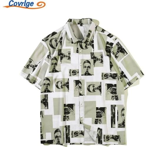 Covrlge New Short Sleeve Mens Shirt Summer Fashion Portrait printing Loose Pattern Lapel Cardigan Daily Casual Top MCS158