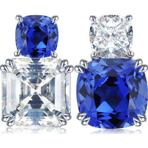9k White Gold Jewelry Cushion Pattern Blue Sapphire And Diamond Gemstones Pendant Earrings