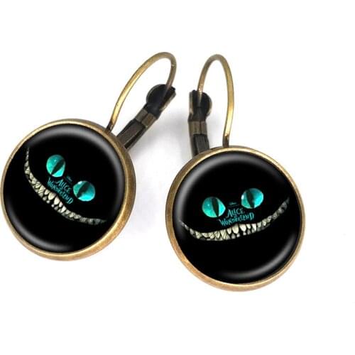 Cute Cheshire Cat Alice In Wonderland Fairytale Earrings 16MM Glass Cabochon handmade Jewelry