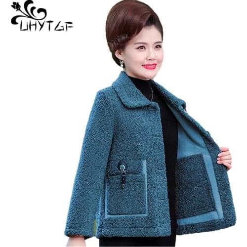 UHYTGF Elegant Mom Winter Coat Lamb Cashmere Casual Short Fur Jacket Fashion Pocket Temperament Women 5XL Plus Size Outwear 1220