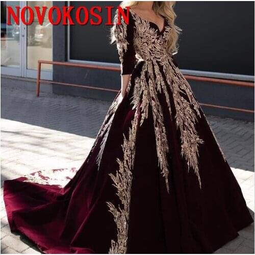Burgundy 2020 Dubai Arabic Ball Gown Velvet Evening Dress Lace Appliqued Celebrity V Neck Long Sleeve Evening Gowns Formal Dress