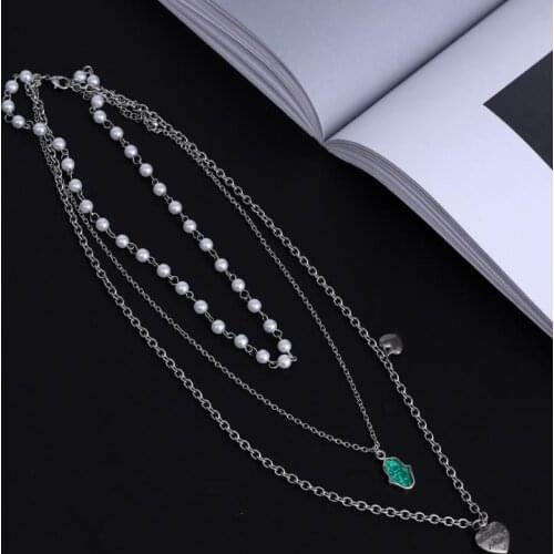 Vintage Multi-layer Crystal Pendant Necklace Woman Heart Set chain Palm Necklace Choker