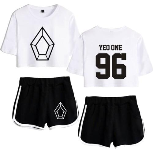 Hot Pentagon YED ONE 96 Exposed Navel white t shirt +black shorts womens two-piece sets Fashion Pentagon womens two-piece suit