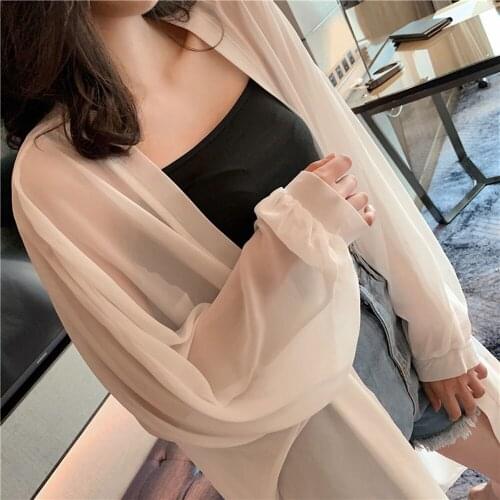 Womens Summer Swimwear Coverall Fashion Casual Loose Black And White Chiffon Woman Long Sleeve Beach Sunscreen Cardigan 2021
