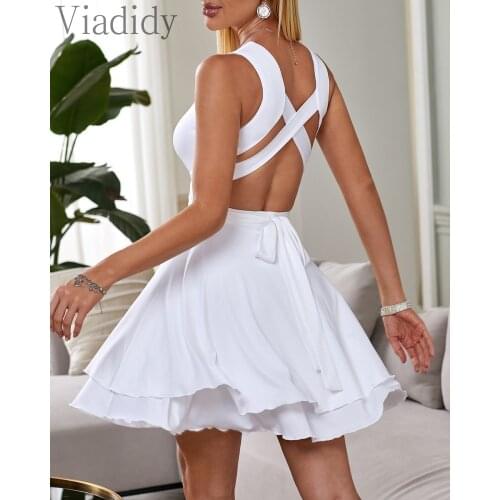 Women Casual Sleeveless Criss-cross Open Back Solid Color Big Swing Dress