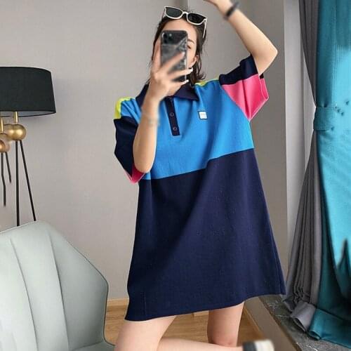 Summer New Women Korean Style Fashion Casual Loose Turn down Collar Mid-Length Patchwork Color-Blocking Straight Dress