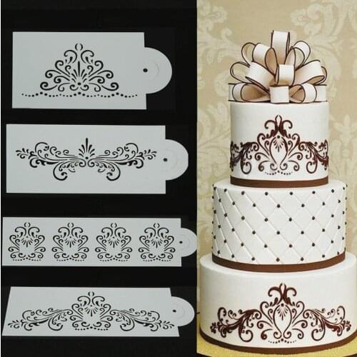 4pcs x Lace Flowers Wedding Cake Stencil Set Fondant Side Mold Decorating DIY Tool