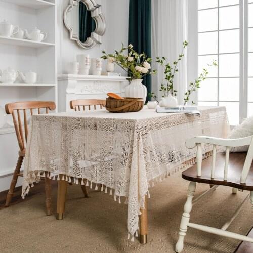 Beige Crochet Hollow Table Cloth Lace Pastoral For Home Dining Wedding Party Photo Shoot Decoration Rectangular Mantel Mesa