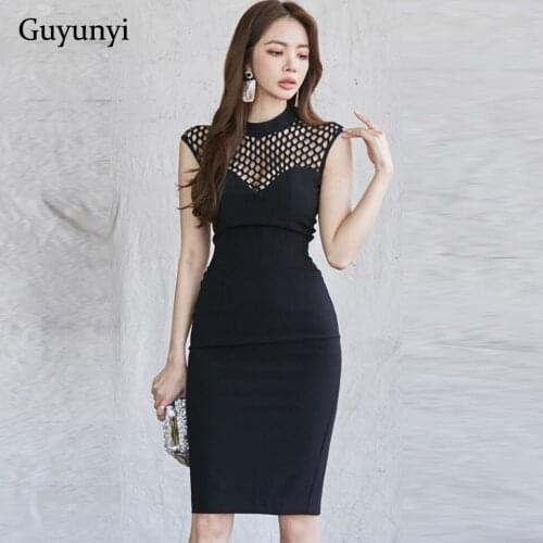 Black White High Waist Tight Dress 2021 Summer Sleeveless Stand Neck Sexy Mesh Hollow Temperament Elegant Party Womens Dresses