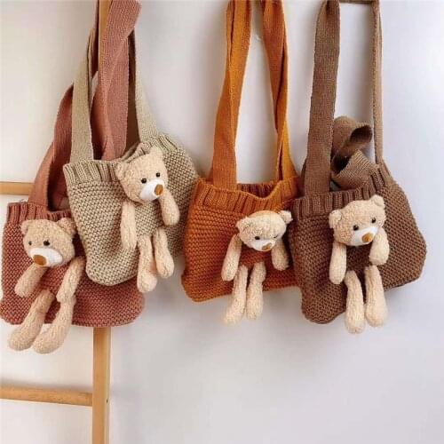 Children Girl Kids Coin Purse Bag Hobos Mini Small Cute Cartoon Animal Knitting Bear Korean Accessories Wholesale Gift