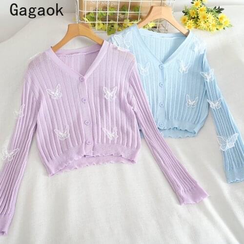 Gagaok Cropped Cardigan Women 2021 Summer New Solid Sweet Cartoon Embroidery V-Neck Knit Thin Sweaters Fashion Chic Cardigans