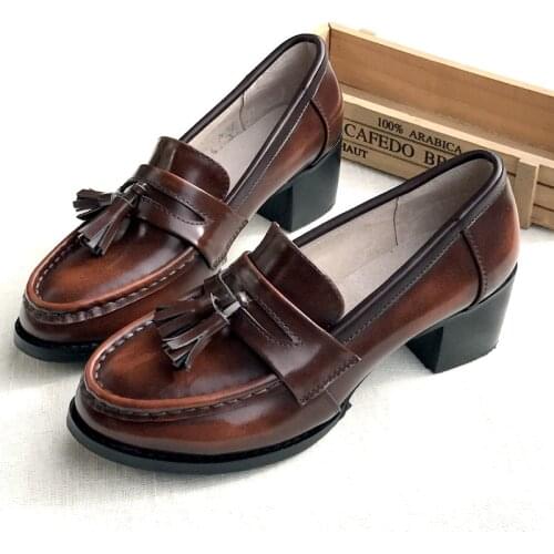 Brown Tassel Mid-heel 5CM Loafers Large Size Oxford Womens Shoes Casual Handmade Leather Shoes Hotsales Fashion Moccasins