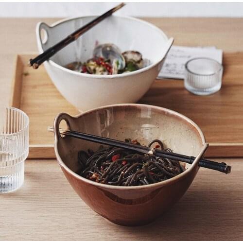 LUOKING Japanese Ceramic Creative Soup Noodle Bowl with Chopsticks High Capacity Fruit Salad Deep Ramen Bowl Kitchen Tableware