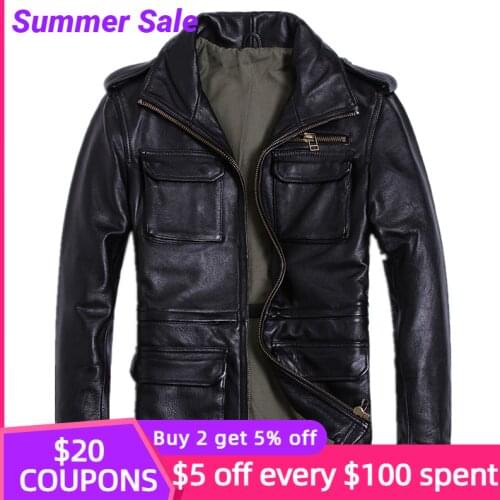 2021 Black Men M65 Leather Jacket Large Size XXXXXL Genuine Thick Cowhide Autumn Russian Slim Fit Safari Leather Coat