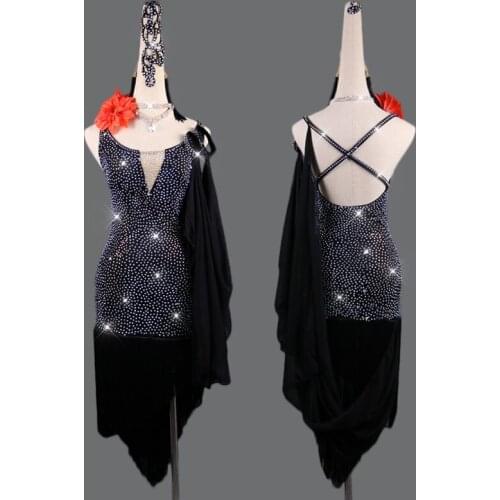 New Latin Dance Dress For Women Black Full Rhinestone With Float Club Party Dancer Professional Competitive Latin Dress VDB110
