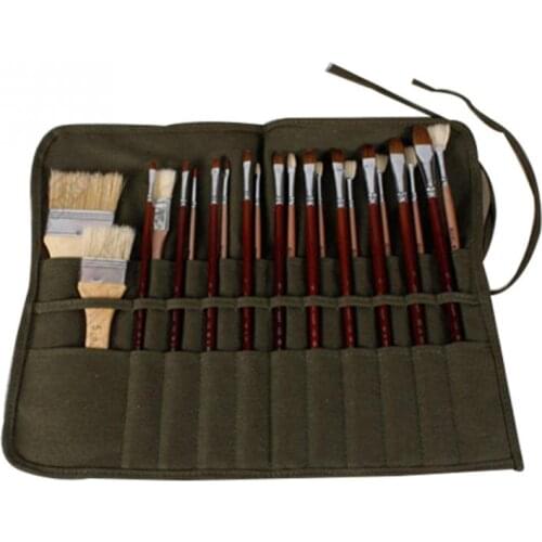 Pencil Bag Painting Brush Bag Artist Watercolor Draw Pen Oil Paint Pen Stationery Cases Holder Roll Up Army Green Canvas Pouch