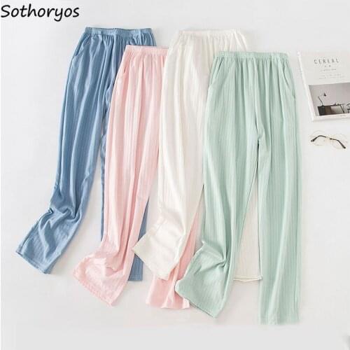Sleep Bottoms Women Solid Stripe Casual Soft Cotton Elastic Waist Couples Homewear Trousers Plus Size M-3XL Breathable Simple