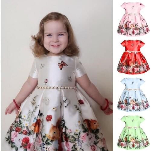 2021 Rural Forest Squirrel Print Girls Summer Dress Animal Baby Kids Short Sleeve Princess Dresses Little Girls Clothes Vestidos