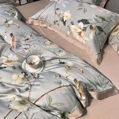 60S Double-Sided Tencel Printed Bed Four-Piece Set American Summer Ice Silk Naked Sleeping Sheets Quilt Cover 1.8M Bedding