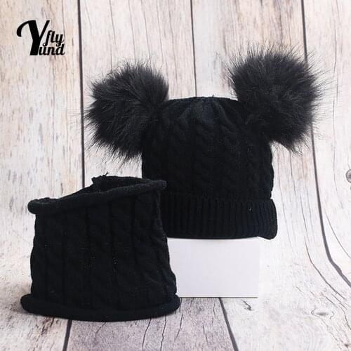 Yundfly Toddler Solid Color Furball Hat and Scarf Two Piece Set Fashion Warm Knitting Wool Caps Baby Headwear Photography Props