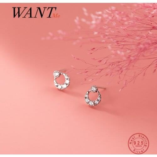 WANTME Genuine 925 Sterling Silver Fashion Korean Shiny Zircon Hollow Moon Small Stud Earrings for Women Chic Teen Jewelry Gift