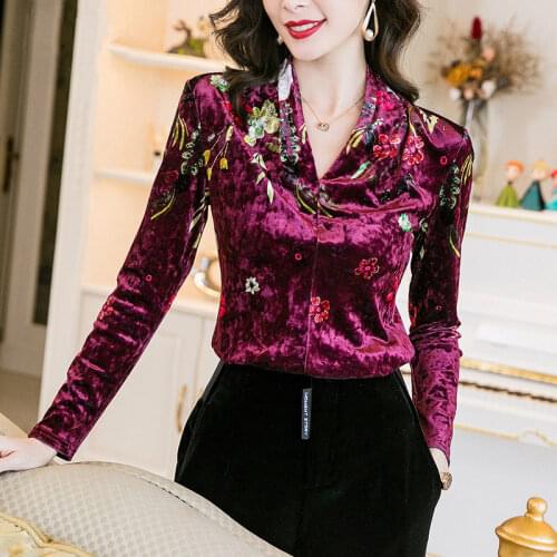 Blouse Women Red Pleuche Top Womens Printed V-neck Long Sleeve Blusas Ropa De Mujer