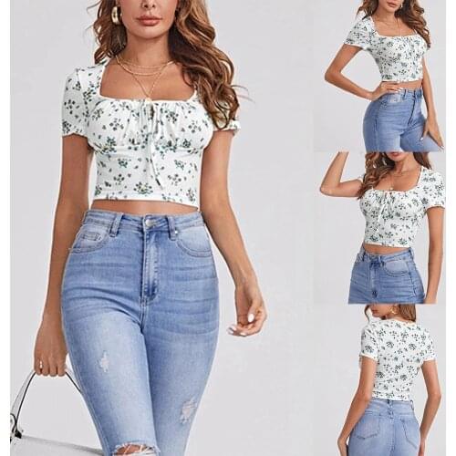 Womens Fashion Small Floral Short Sleeve Drawstring Tie Tops Tight Short T-Shirt White