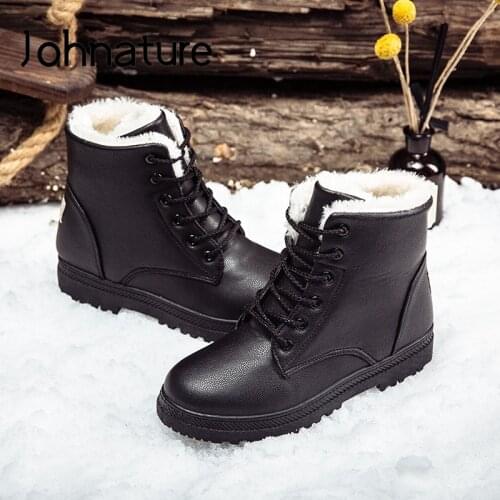 Johnature Warm Snow Boots 2021 New Winter Women Shoes Plush Round Toe Flat With Sewing Ankle Plush Size Lace-up Platform Boots