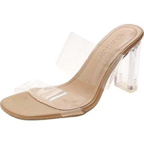 Women sandals PU Slip On 7CM 9CM Thick heel High heels Square Toe Shallow women shoes sandalias mujer 2020 size 35-42