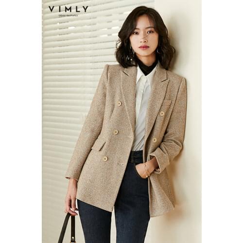 Vimly Womens Blazer Retro Double Breasted Solid Wool Jackets 2020 Autumn Winter Notched Work Wear Coats Ladies Outwear F3125