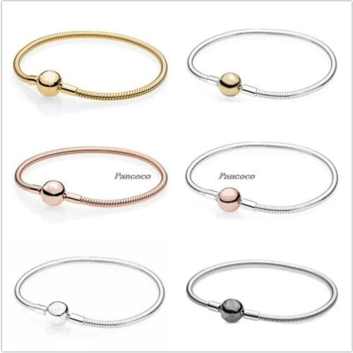Authentic 925 Sterling Silver Bracelet Rose Moments Smooth Ball Clasp Snake Chain Bangle Fit Women Bead Charm Pandora Jewelry