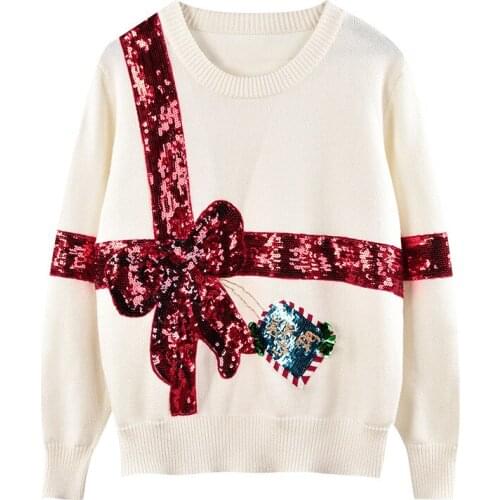 Cute New Women Ladies Autumn Winter Luxury embroidery Sequin Bow White Striped Casual Sweaters Pullover High quality #N119