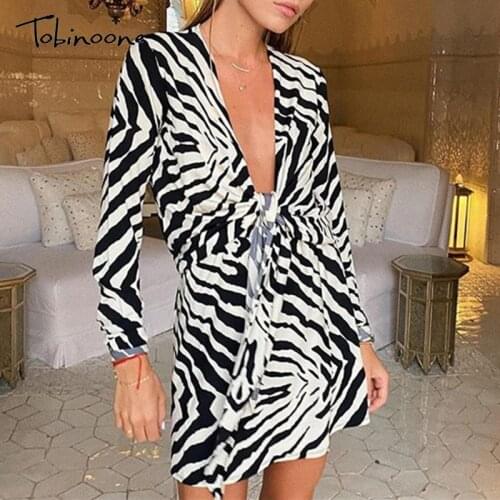 Tobinoone Zebra Skin Print Autumn Sexy Women Short Dress Deep V Neck Long Sleeve Club Dress Female Party Slim Bodycon Dresses