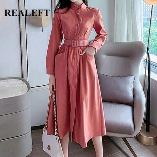 REALEFT Autumn Winter 2021 New Women Midi Dresses with Belted High Waist Long Sleeve Single Breasted Shirts Dress Pockets Female